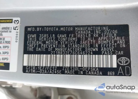 2006 Toyota Corolla S из США, поврежденный, VIN 2T1BR32E76C646224